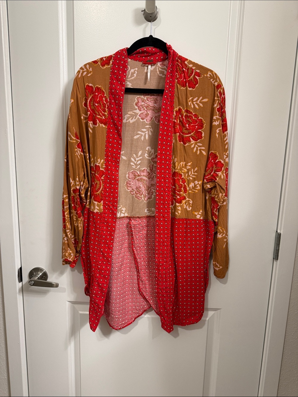 Red & Tan Floral Patchwork Kimono Cardigan Free People